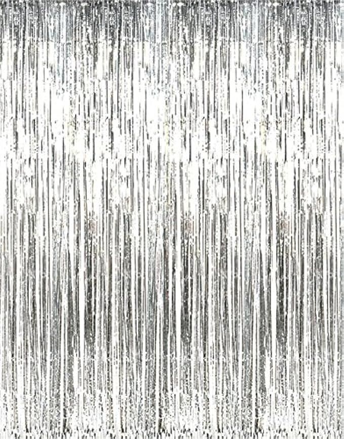 GOER 3.2 ft x 9.8 ft Metallic Tinsel Foil Fringe Curtains for Party Photo Backdrop Wedding Decor (Si | Amazon (US)