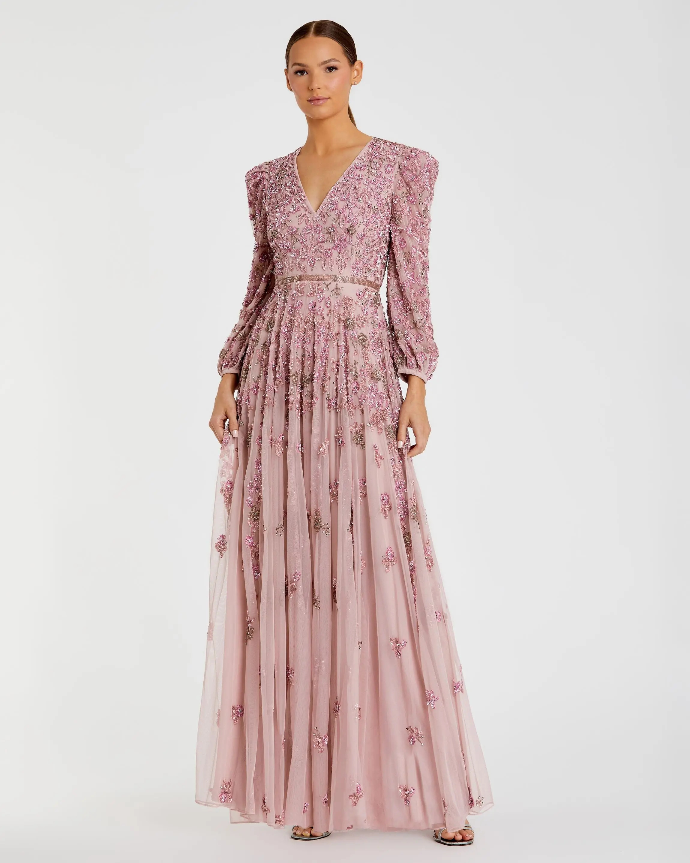 Pink Embellished V Neck Long Sleeve A Line Gown - Mac Duggal | Mac Duggal