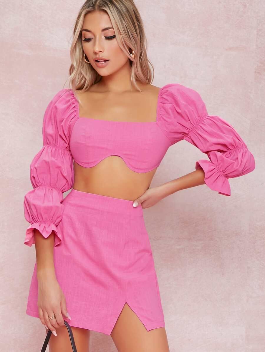 SHEIN Ruched Tiered Ruffled Sleeve Crop Top & Skirt Set | SHEIN