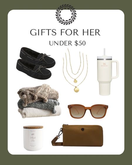 Gift guide, gifts for her, gifts under $50 throw blanket, slippers, Stanley, jewelry, sunglasses, Lululemon clutch, candles 

#LTKunder50 #LTKHoliday #LTKGiftGuide