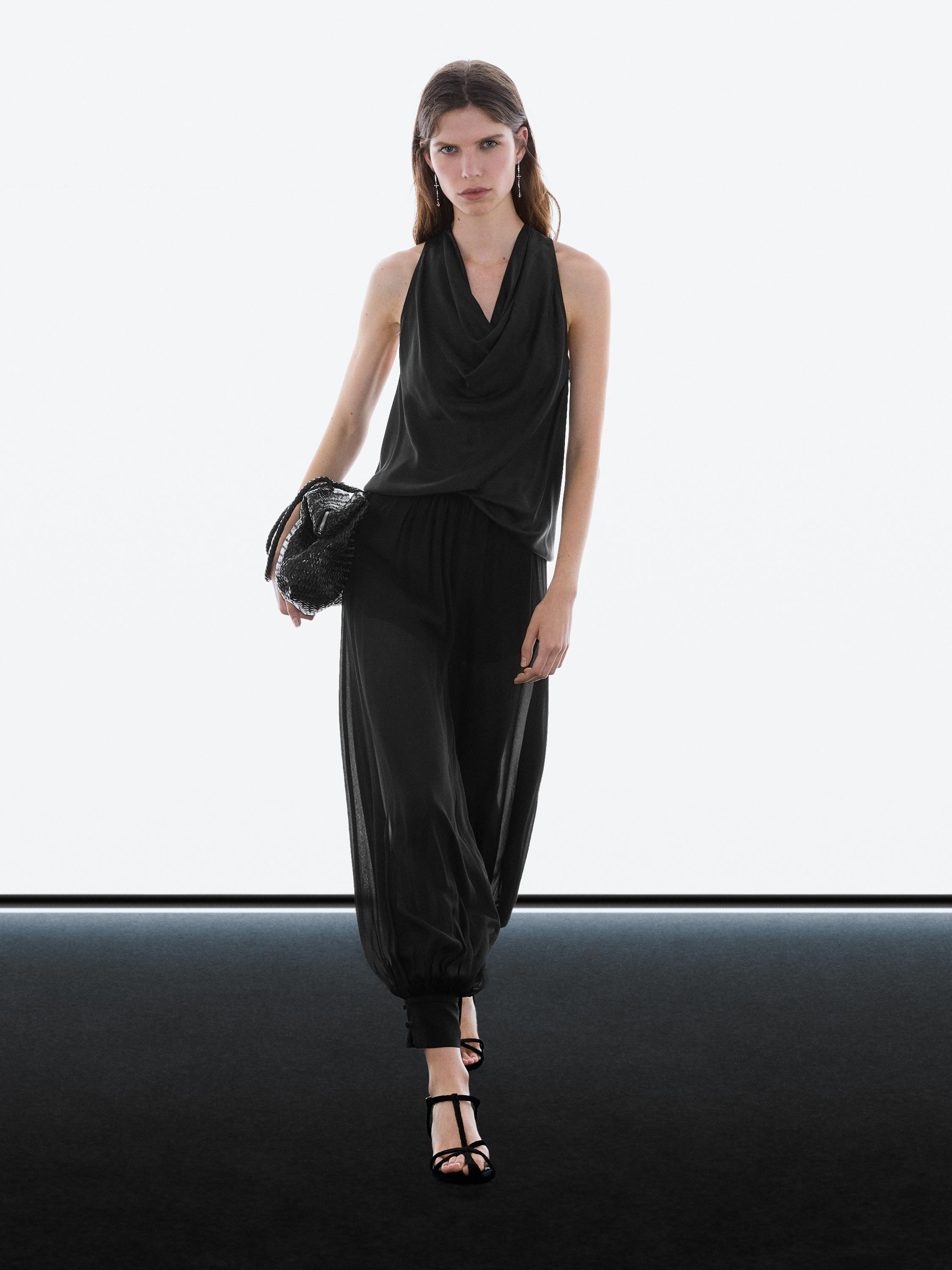 Semi-sheer draped pants with button detail | Massimo Dutti UK