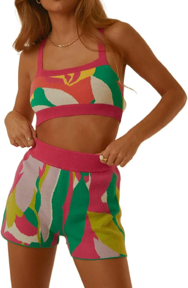 ROAONOCOMO Women Y2K Knitted 2 Piece Shorts Set Floral Print Crop Camis High Waist Short Pants Ou... | Amazon (US)