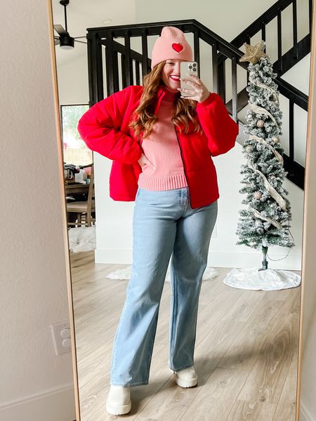 Winter outfit from Walmart. Walmart fashion. Valentine’s Day outfit. Red puffy jacket. Winter coat. Beanie. Walmart jeans. 

#LTKstyletip #LTKunder50 #LTKSeasonal
