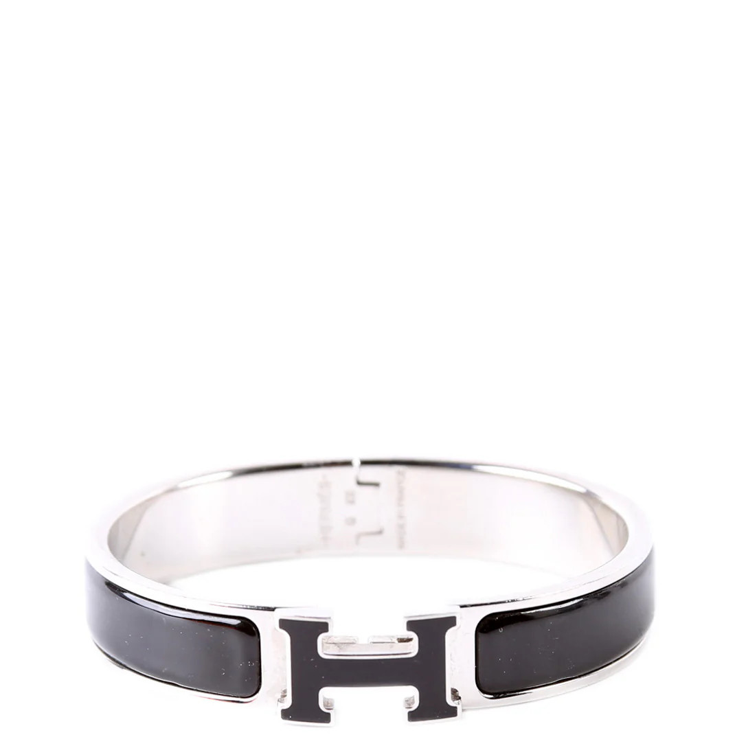 Enamel H Clic Clac Narrow PM Bracelet Silver/Black | Keeks Designer Handbags
