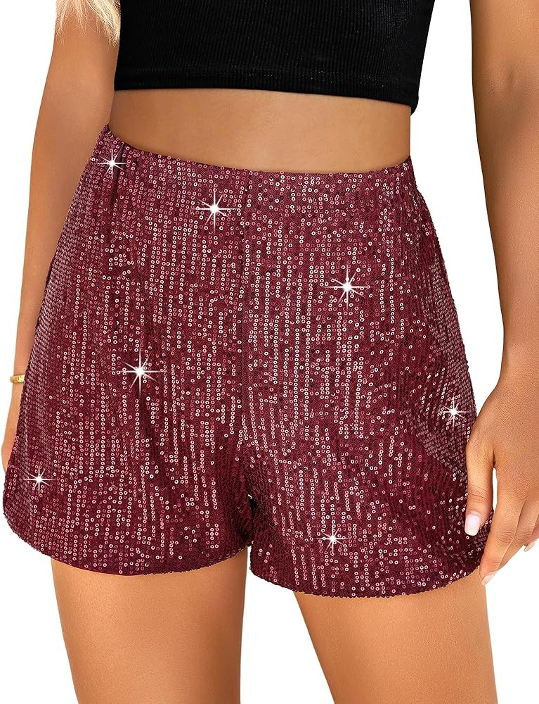 luvamia Sequin Shorts for Women Trendy High Waisted Stretchy Pull On Glitter Sparkly Shorts Holid... | Amazon (US)