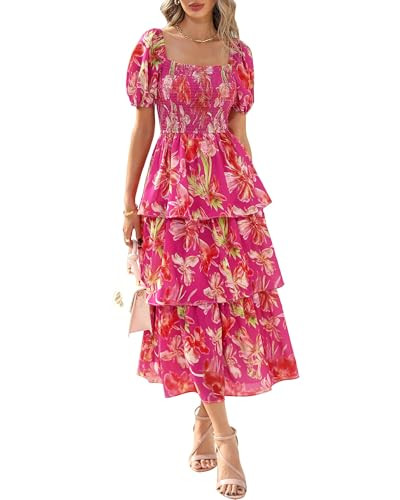 BTFBM Womens Square Neck Smocked Dress Summer Puff Short Sleeve Floral Casual Ruffle Tiered Maxi ... | Amazon (US)