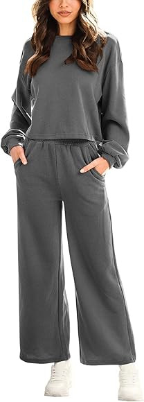 ANRABESS Women’s Two Piece Outfits Long Sleeve Crop Top Wide Leg Pants Knit Sweatsuit Loungewea... | Amazon (US)