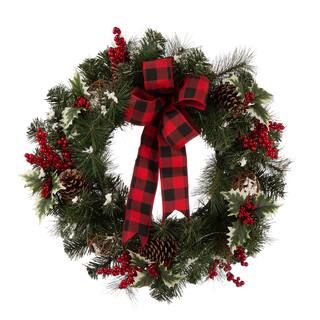 Glitzhome 24" Pre-Lit Buffalo Check Bow, Berry, Holly & Pinecone LED Wreath | Michaels Stores