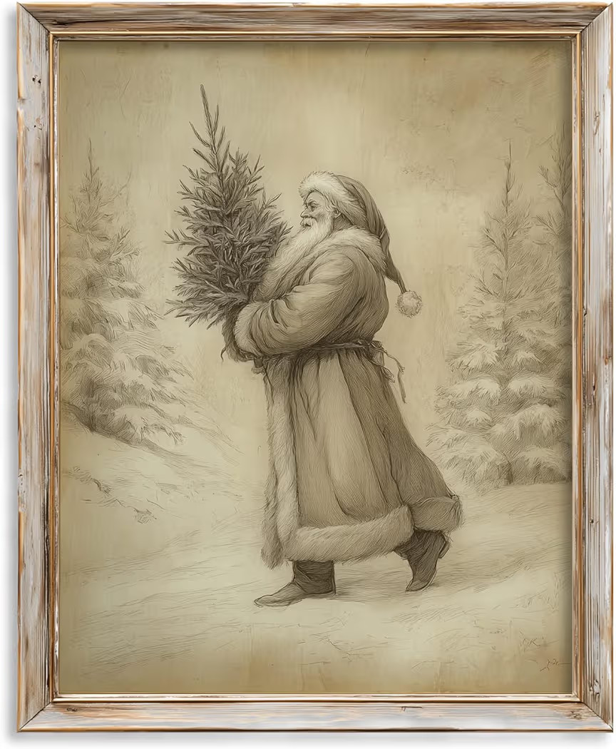 Vintage Santa with Christmas Tree Print, Antique Winter Holiday Wall Art, Rustic Christmas Décor... | Amazon (US)
