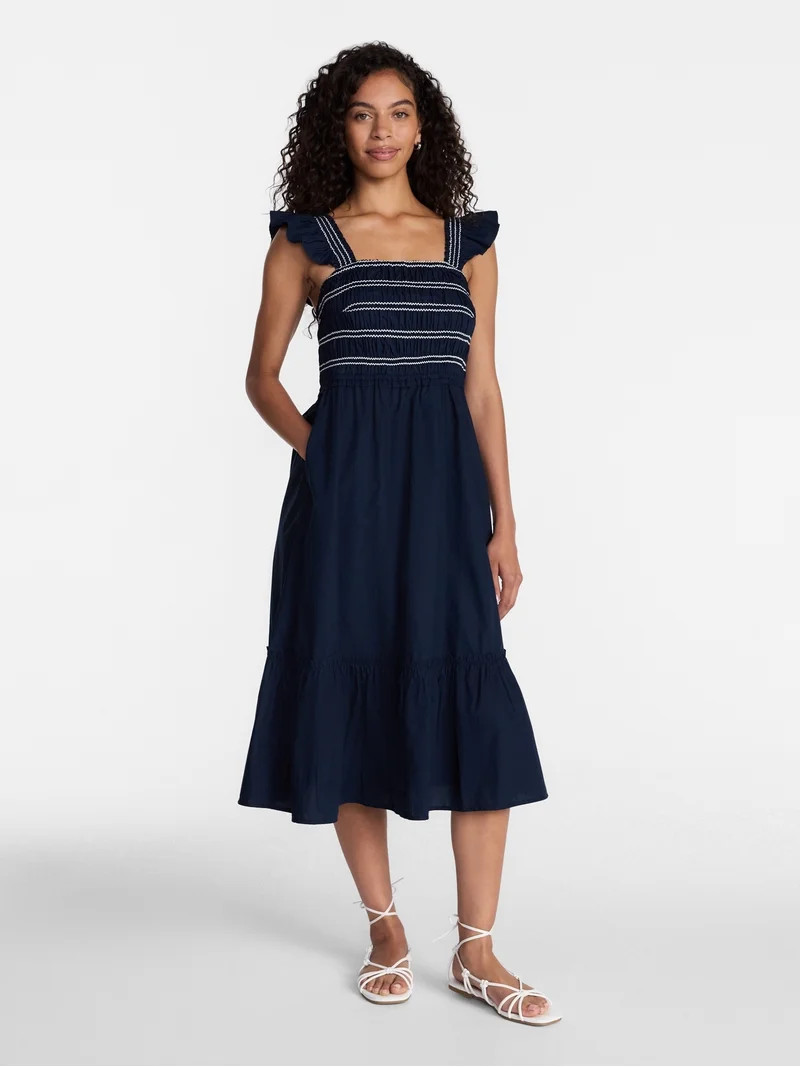 Time and Tru Women's and Women's Plus Smocked Bodice Midi Dress, Sizes XS-4X | Walmart (US)