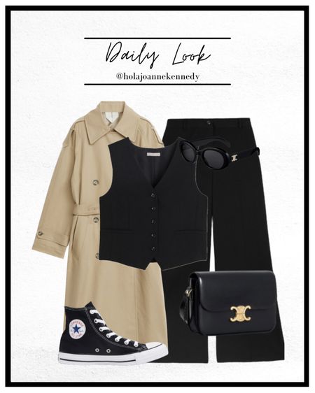 Trench coat outfit, spring style, spring fashion, black waistcoat, hm waistcoat, black tailored waistcoat, black tailored trousers, converse outfit, daily outfit ideas, daily workwear looks, workwear fashion, everyday outfit ideas 

#LTKworkwear #LTKeurope #LTKstyletip