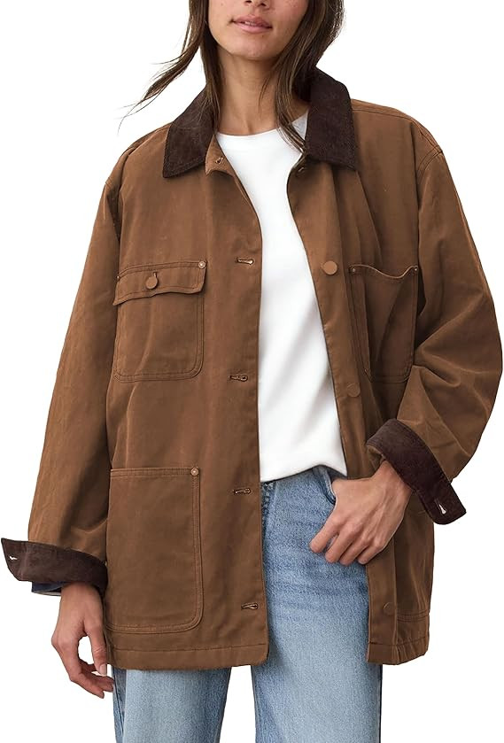 Barn Jackets for Women 2025 Fall Oversized Utility Cotton Coat Corduroy Collar Vintage Workwear w... | Amazon (US)