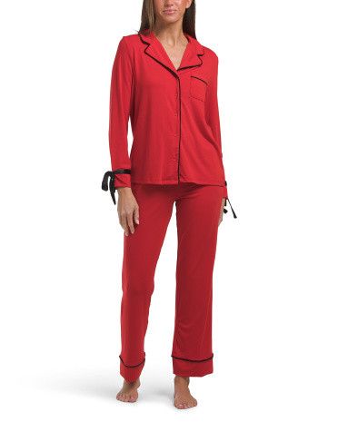2Pc Notch Collar Pajama Set With Velvet Bow Detail For Women, Spandex/Modal/Polyester | TJ Maxx