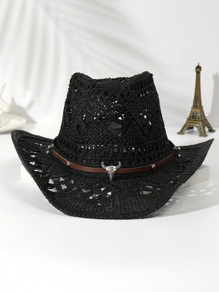 1pcs Unisex Cattle Head Decor Cowboy Hat Hollow Printed Cowgirl Hat Casual Sun Hat Spring Summer ... | SHEIN