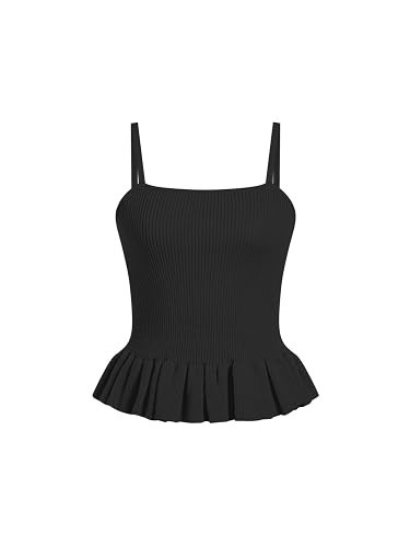 CIDER Striped Peplum Crop Tank Tops for Women Sleeveless Square Neck Ruffle Knit Tops Summer Vacation Outfits Black | Amazon (US)