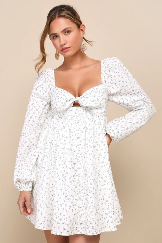 Exceptional Sweetheart White Floral Babydoll Dress White And Blue Dress Long Sleeve White Dress | Lulus