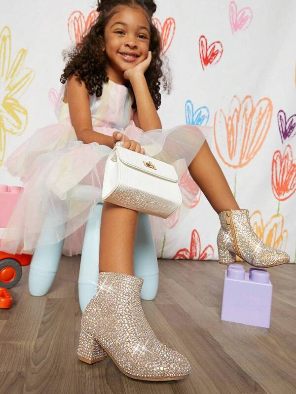 Girls Rhinestone Decor Side Zipper Chunky Heeled Boots | SHEIN