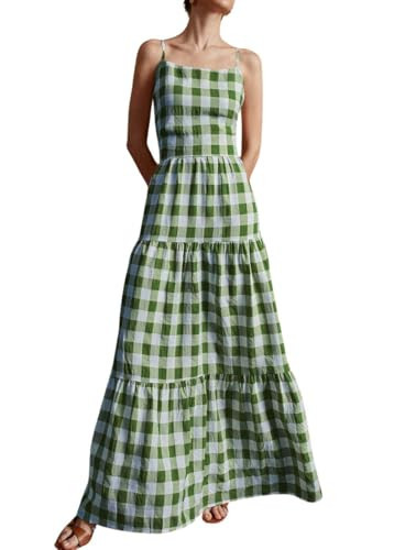 chouyatou Women's Summer Spaghetti Strap Plaid Beach Dress Gingham Tiered Smocked Back Maxi Long Sundress (X-Small, Green) | Amazon (US)