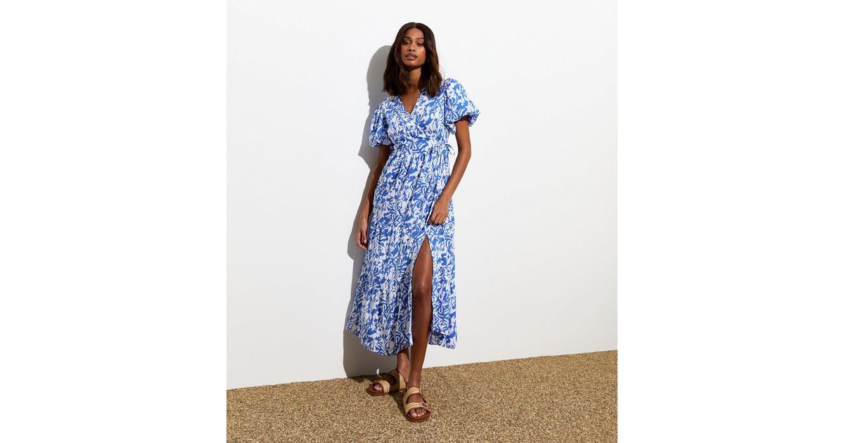 Blue Abstract Print Puff Sleeve Wrap Midi Dress | New Look | New Look (UK)