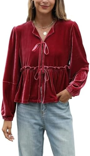 Women Velvet Blouse Tops Bow Tie Front Flowy Long Puff Sleeve V Neck Ruffle Peplum Babydoll Shirt | Amazon (US)