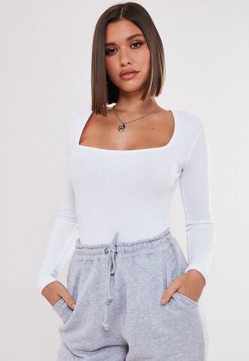 White Ribbed Scoop Neck Bodysuit | Missguided (US & CA)