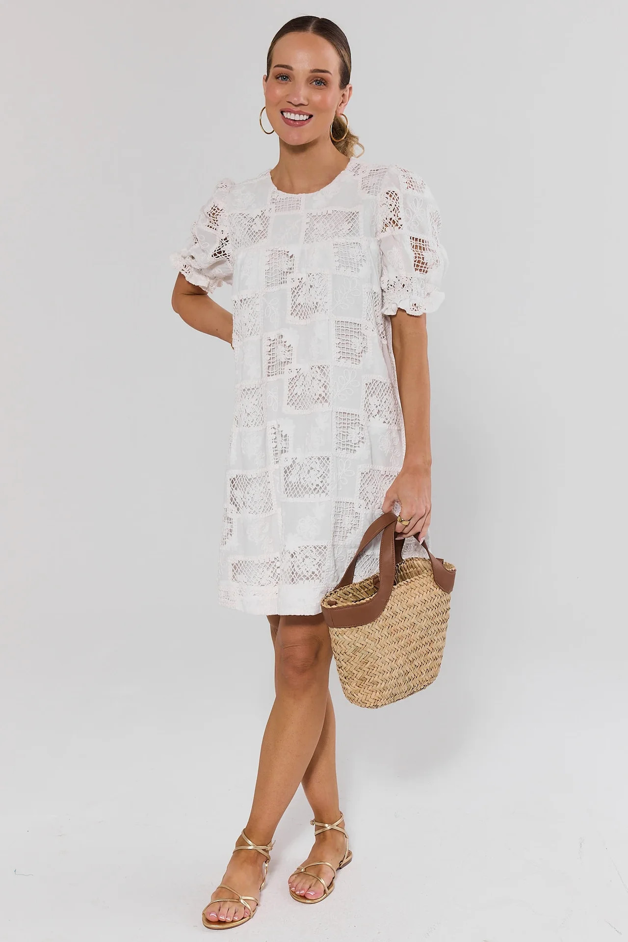 White Eyelet Embroidered Short Dress | Avara