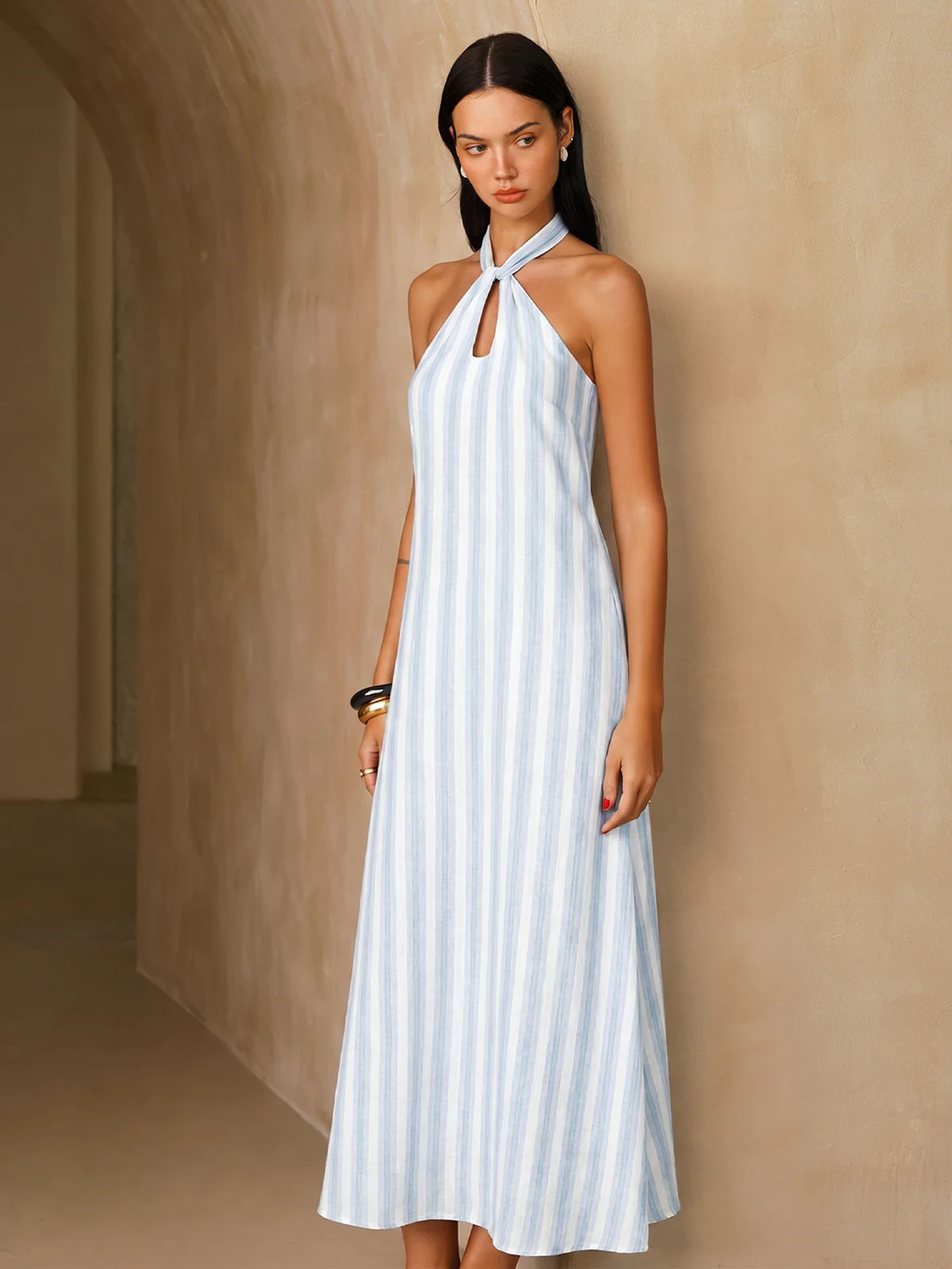 Striped Cotton Halter Maxi Dress | Commense