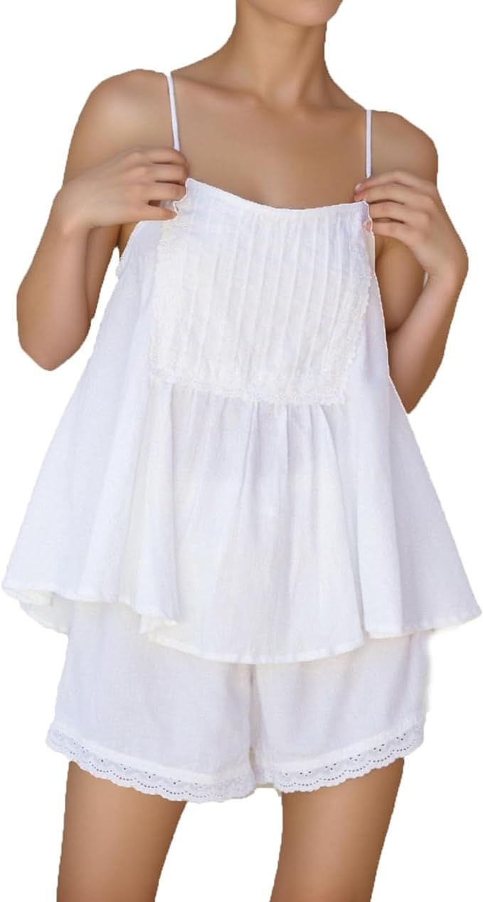 Womens Summer 2 Piece Set Sleeveless Tie Straps Ruffle Trim Top and Shorts Sets Soft Cozy Pajamas... | Amazon (US)