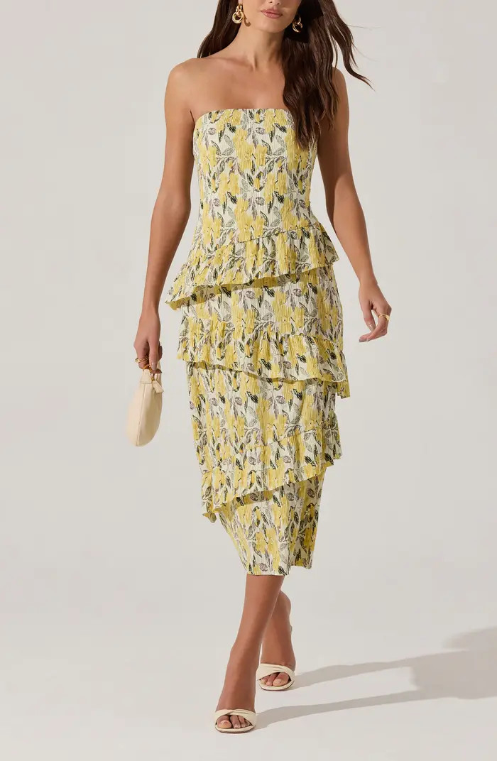 ASTR the Label Plissé Asymmetric Tiered Ruffle Strapless Midi Dress | Nordstrom | Nordstrom