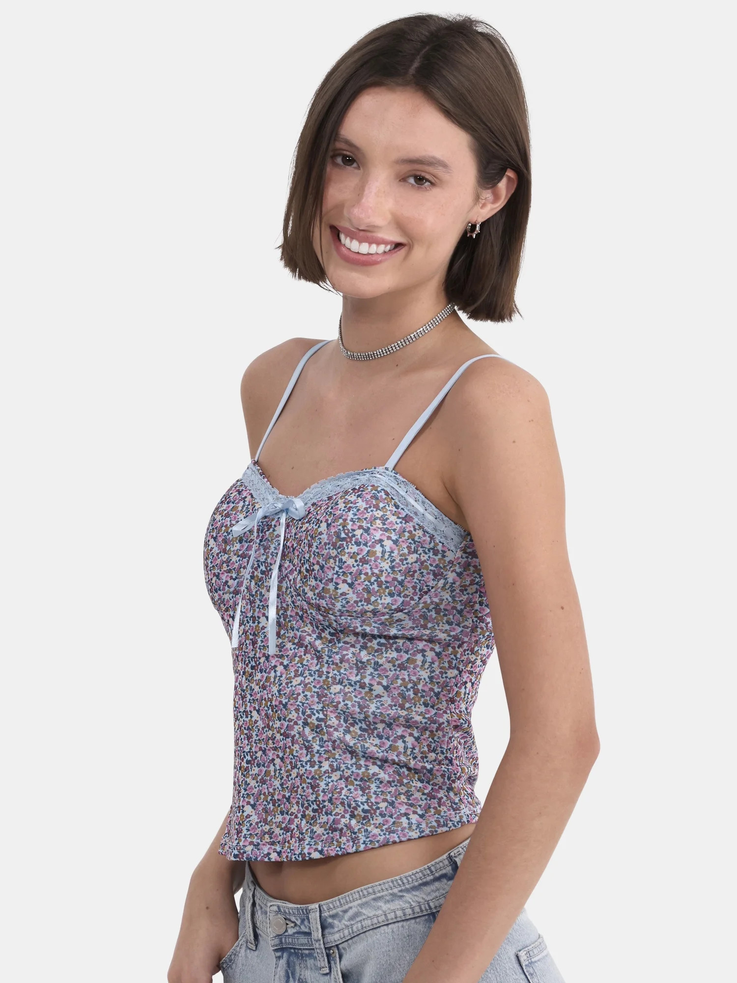 No Boundaries Printed Corset Top with Lace Trim, Women's and Women's Plus | Walmart (US)