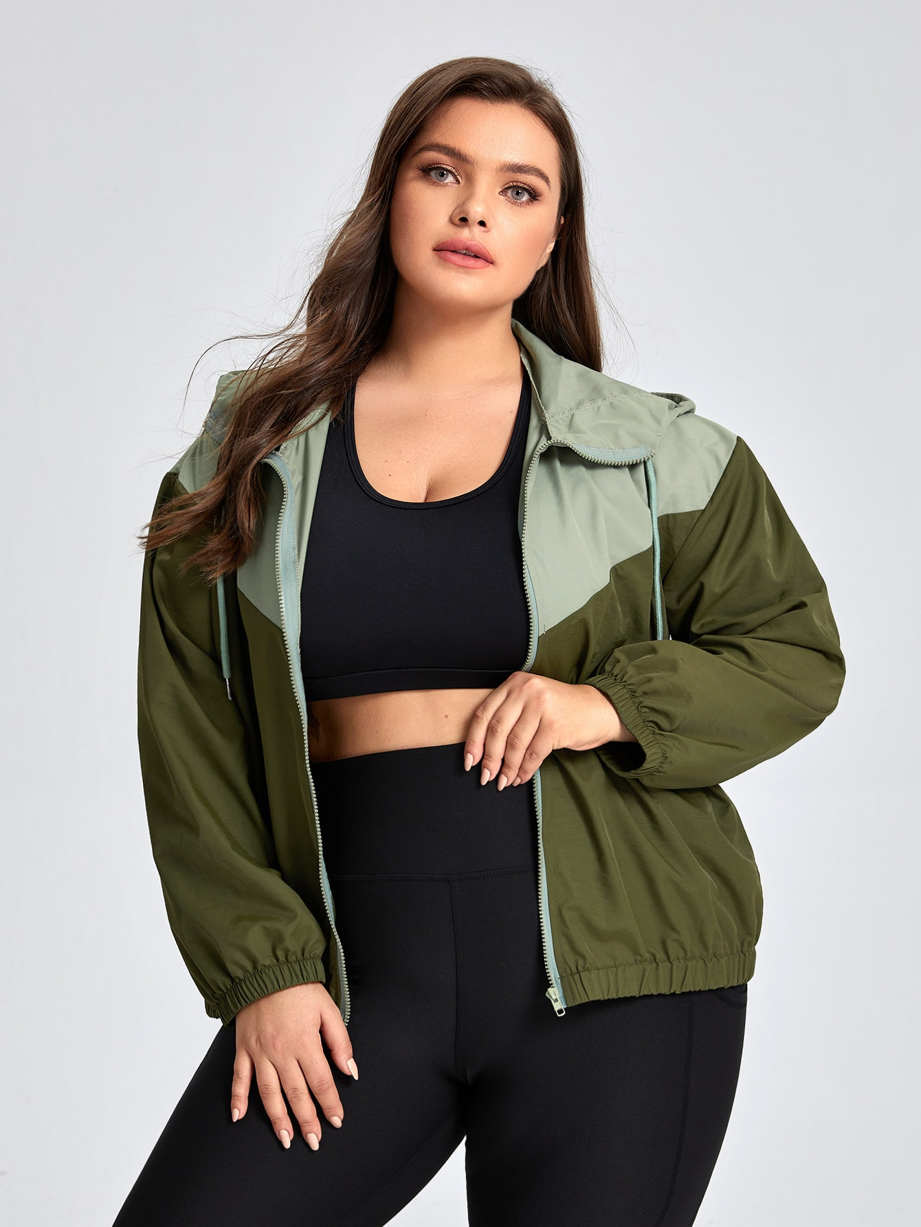 Plus Colorblock Drawstring Hooded Sports Jacket | SHEIN