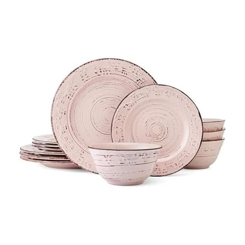 Pfaltzgraff Pink Trellis 12-Piece Dinnerware Set, Stoneware Plates and Bowls Sets for 4, Dishwasher and Microwave Safe, Rustic Garden-Inspired Design | Amazon (US)
