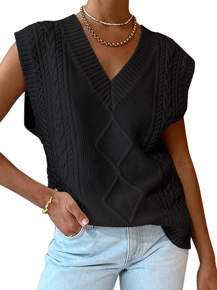 LILLUSORY Sweater Vest Women Trendy Cable Knit Cap Sleeve Tops 2024 V Neck Cotton Oversized Busin... | Amazon (US)