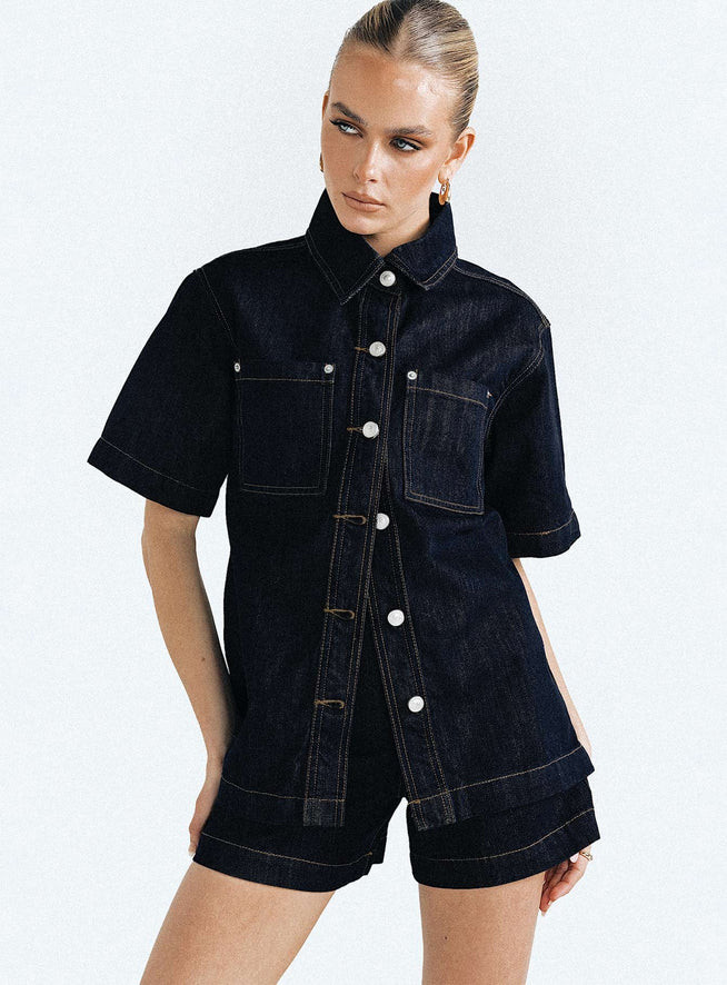 Whitaker Short Sleeve Shacket Dark Denim | Princess Polly US