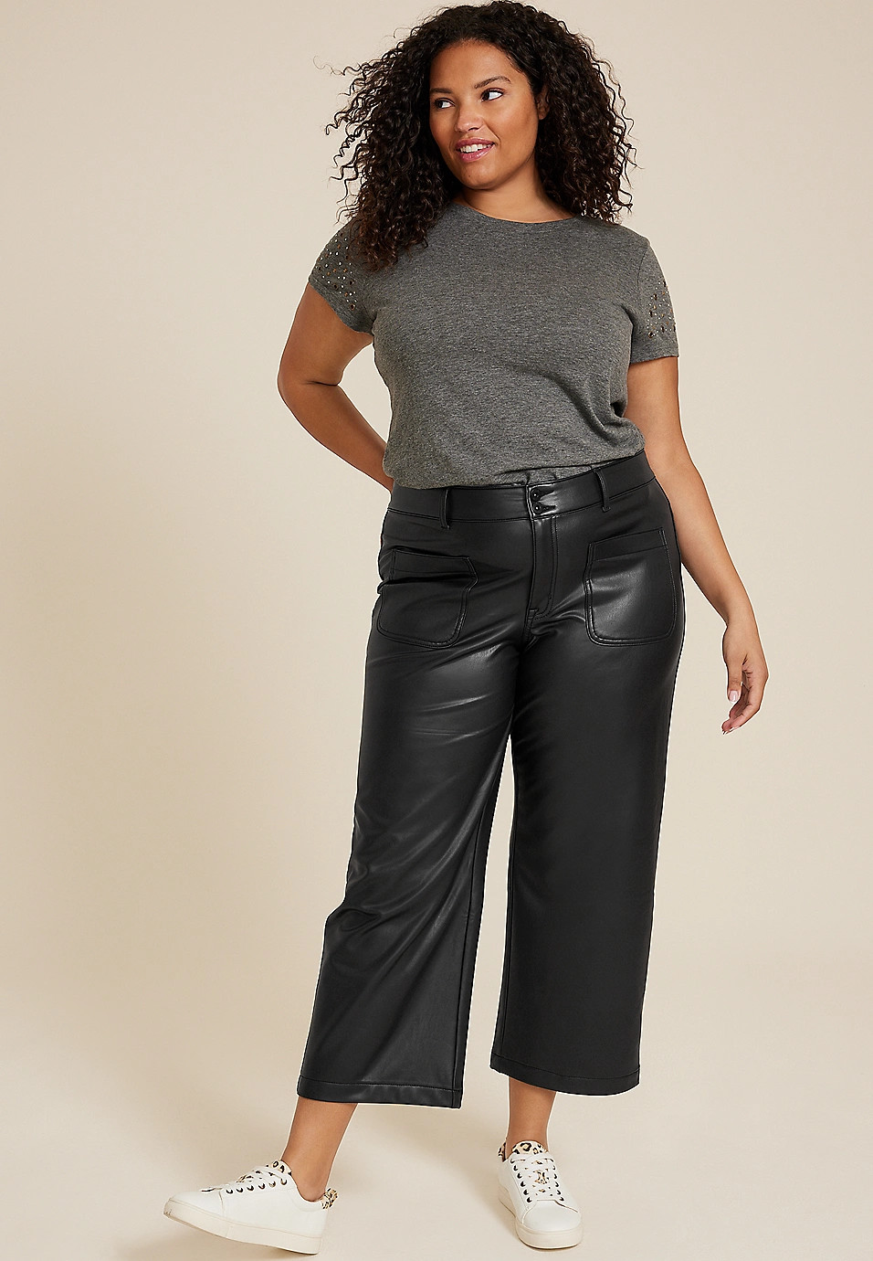 Plus Size edgely™ Faux Leather High Rise Patch Pocket Wide Leg Pant | Maurices