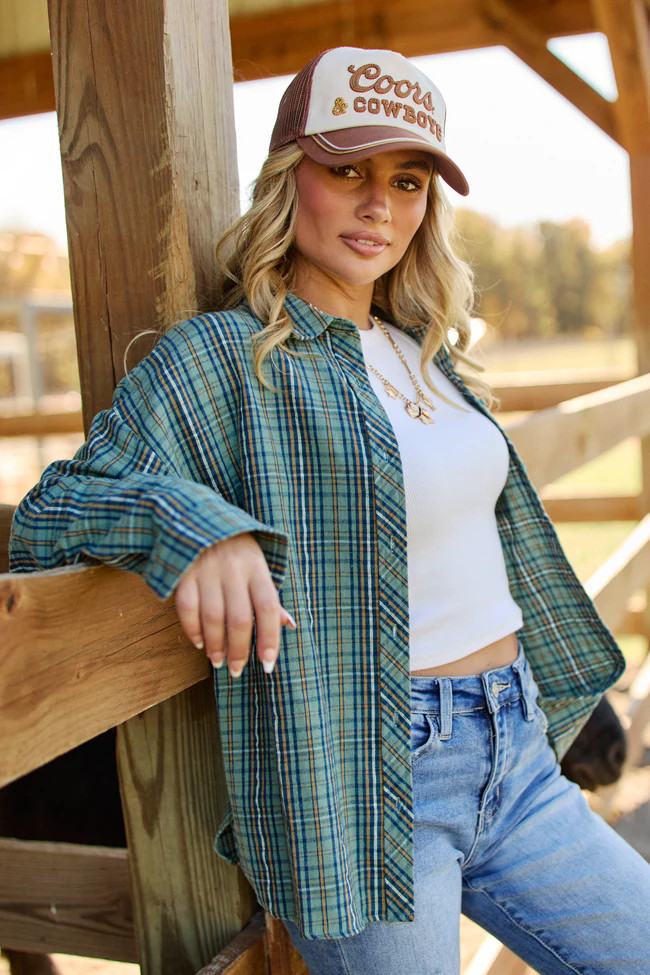 Rory Blue And Green Plaid Flannel Button Down Top | Pink Lily