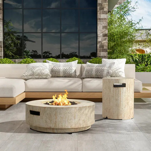 Christopher Knight Home - Trenton Outdoor Lightweight Concrete Fire Pit Table and Side Table Set ... | Bed Bath & Beyond
