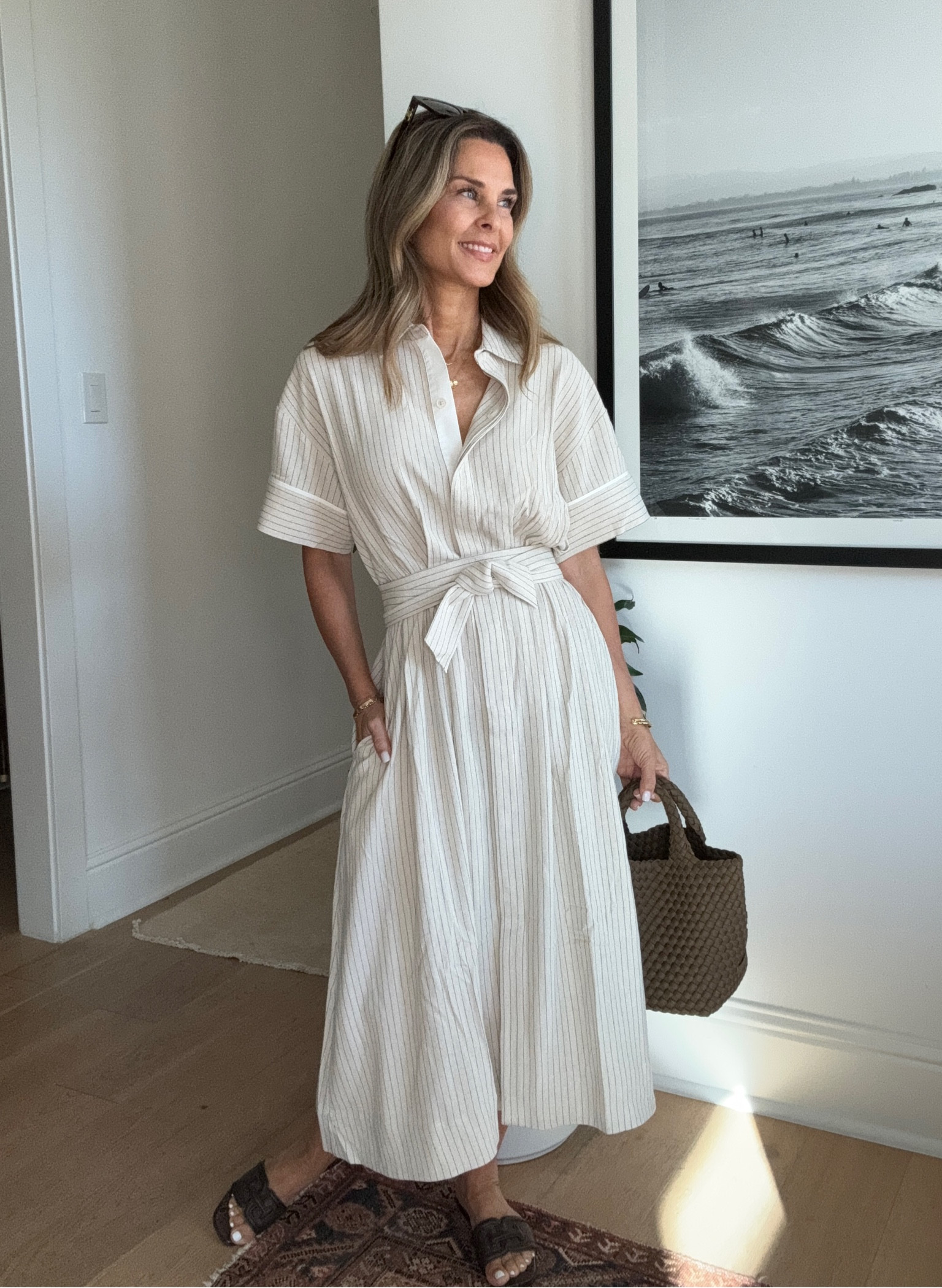 A new favorite dress wearing XS. Love the soft textured material with pinstripes and contrast white trim! On SALE now.  Add black boots and cozy cardi for cooler weather.  


#LTKFallSale #LTKSaleAlert #LTKOver40