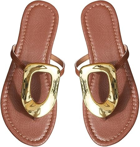 OYOANGLE Women's Metal Decor Flip Flop Thong Sandals Comfortable Slip on Flat Sandals | Amazon (US)