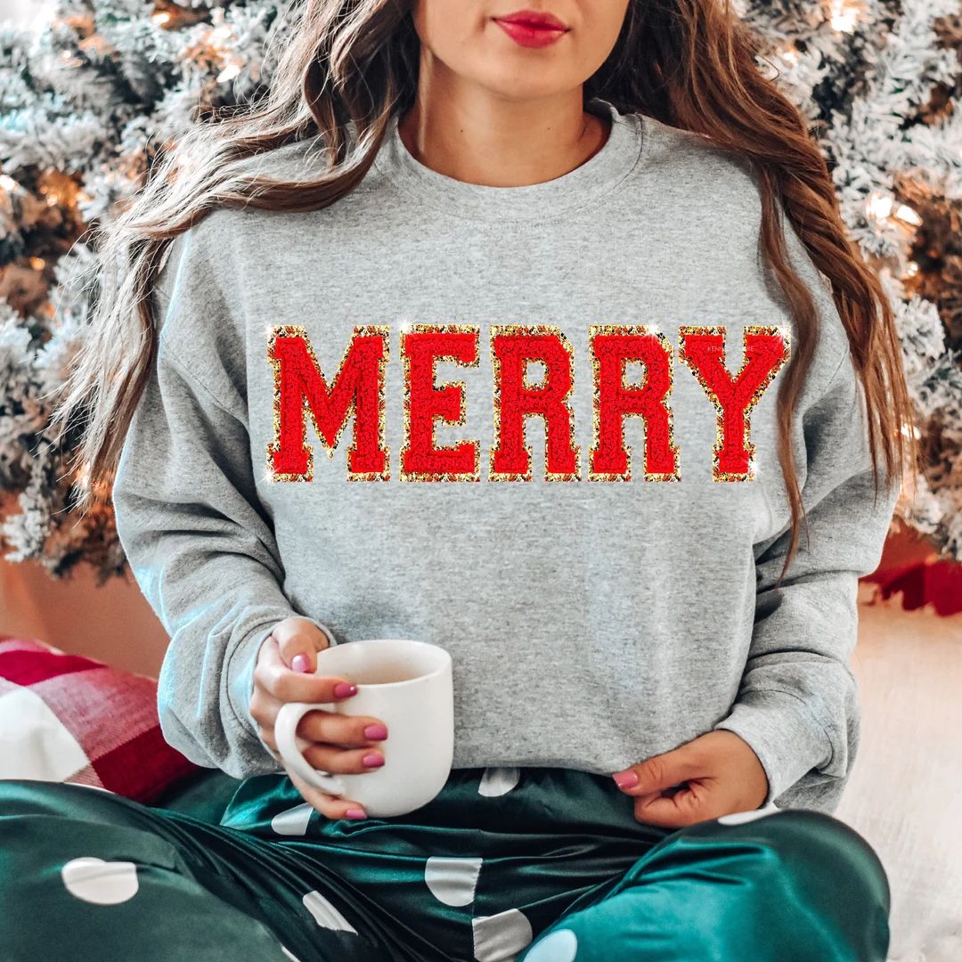 Chenille Patch Christmas Sweatshirt Christmas Shirts Merry - Etsy | Etsy (US)