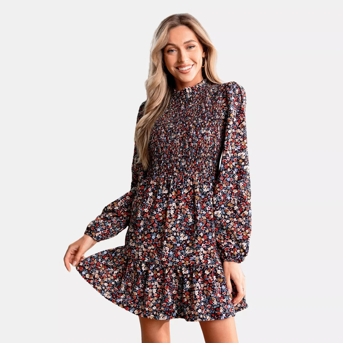 Women's Floral Print Tiered Ruffle Long Sleeves Mini Fall Dress - Cupshe-M-Red&Blue | Target
