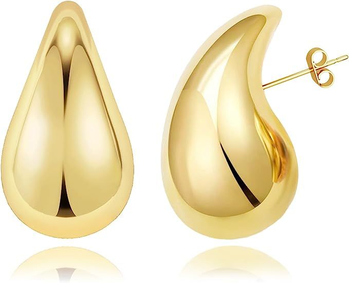 Tewiky Chunky Teardrop Gold Hoop Earrings for Women, Bottega Earring Dupes Hypoallergenic 14K Gol... | Amazon (US)