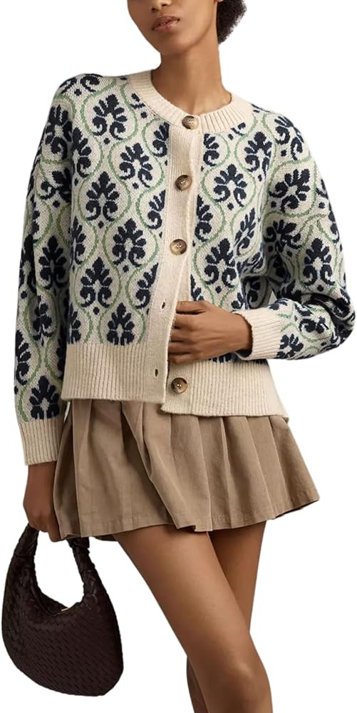 Women Floral Cardigan Sweater Open Front Long Sleeve Button Down Knit Sweater Vintage Outerwear | Amazon (US)