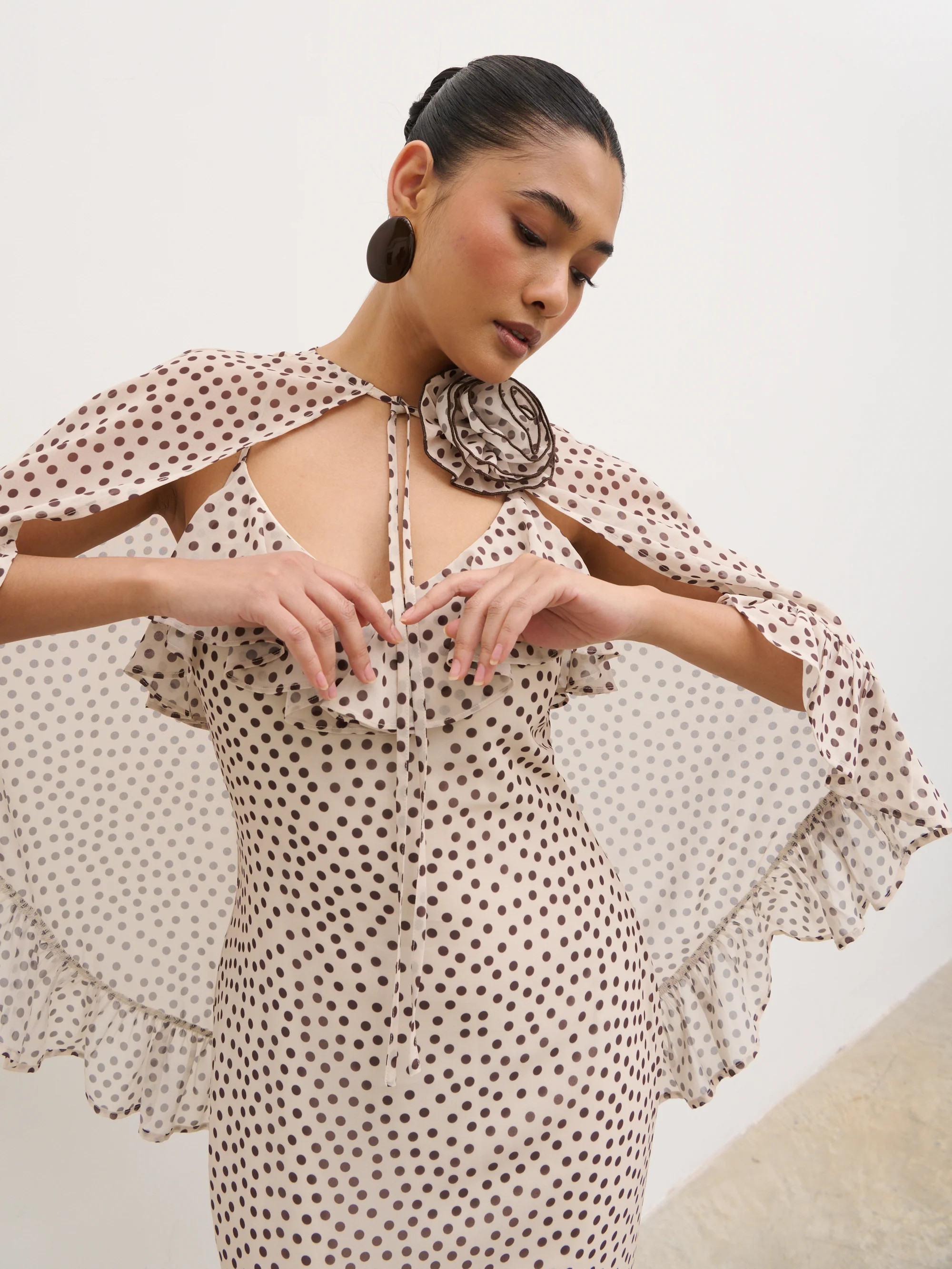 Oriana Corsage Cape Maxi Dress - Cream and Brown Polkadot | Pretty Lavish (UK)