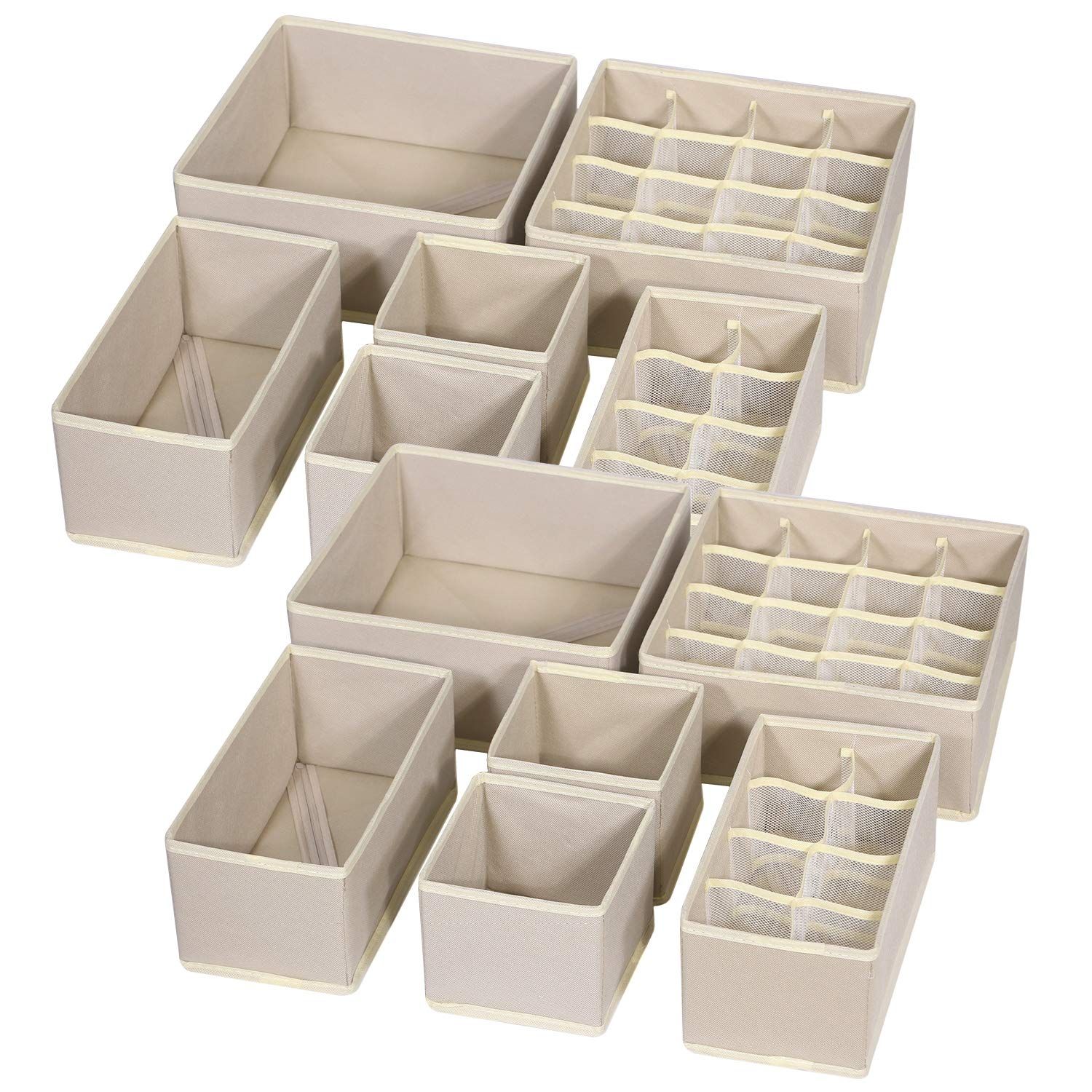 12 Pack Foldable Drawer Organizer Dividers Cloth Storage Box Closet Dresser Organizer Cube Fabric Containers Basket Bins for Underwear Bras Socks Panties Lingeries Nursery Baby Clothes Beige | Amazon (US)