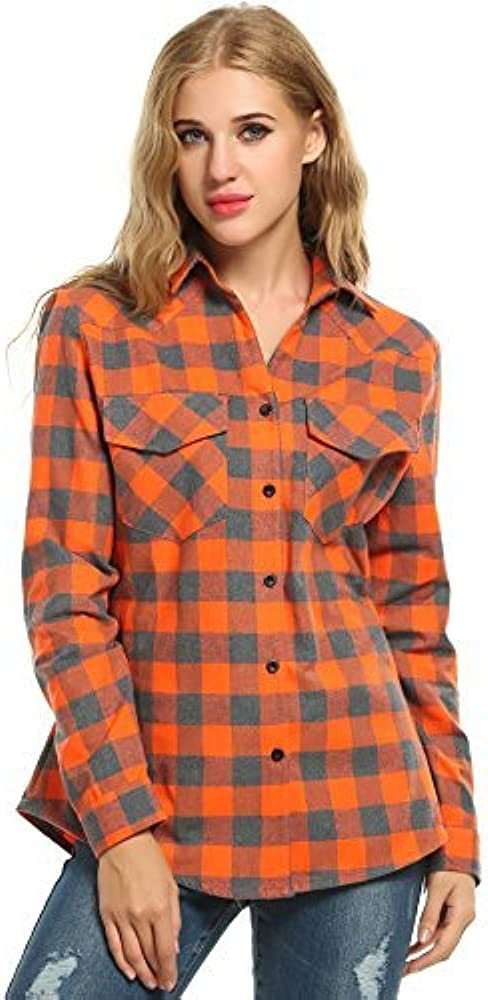 Zeagoo Womens Flannels Long/Roll Up Sleeve Plaid Shirts Cotton Check Gingham Top S-3XL | Amazon (US)