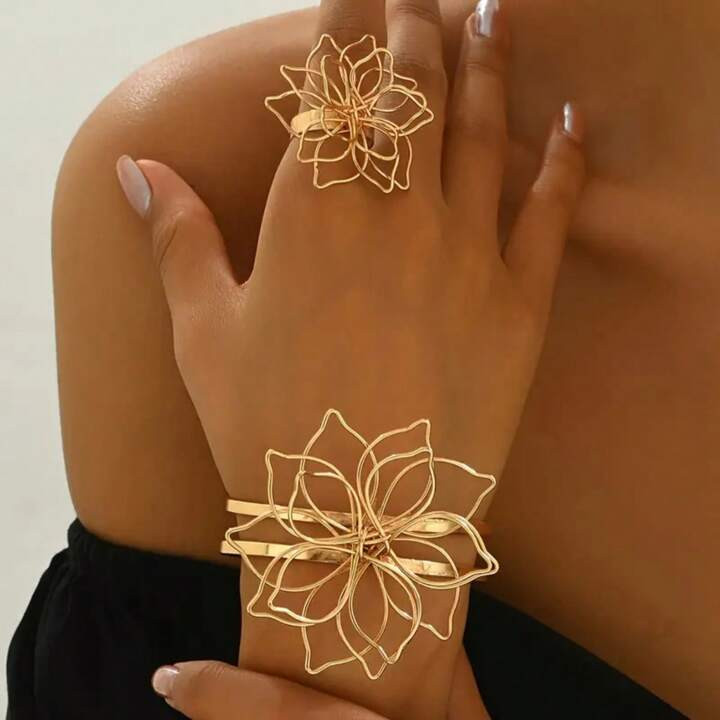 Fashionable Cross-Border Popular Hollow Flower Petal Bracelet & Ring Set | SHEIN