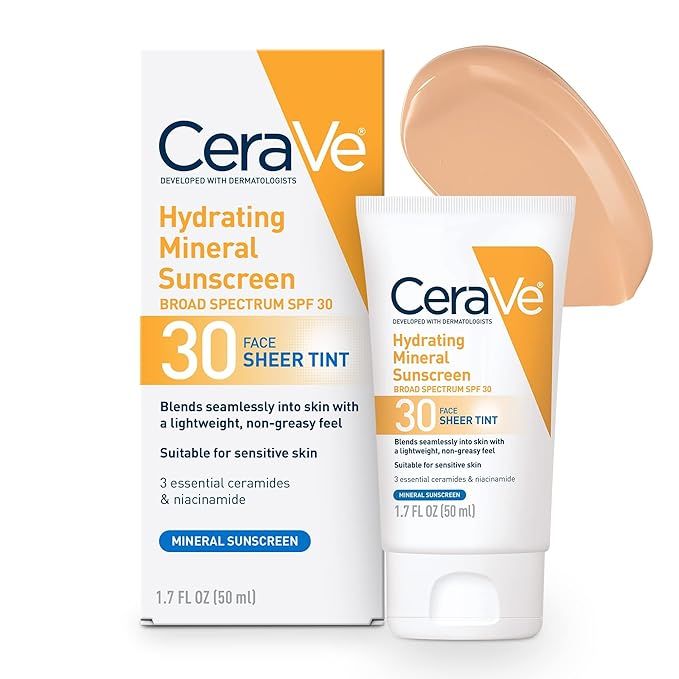 CeraVe Hydrating Mineral Sunscreen with Sheer Tint | Tinted Mineral Sunscreen with Zinc Oxide & T... | Amazon (US)