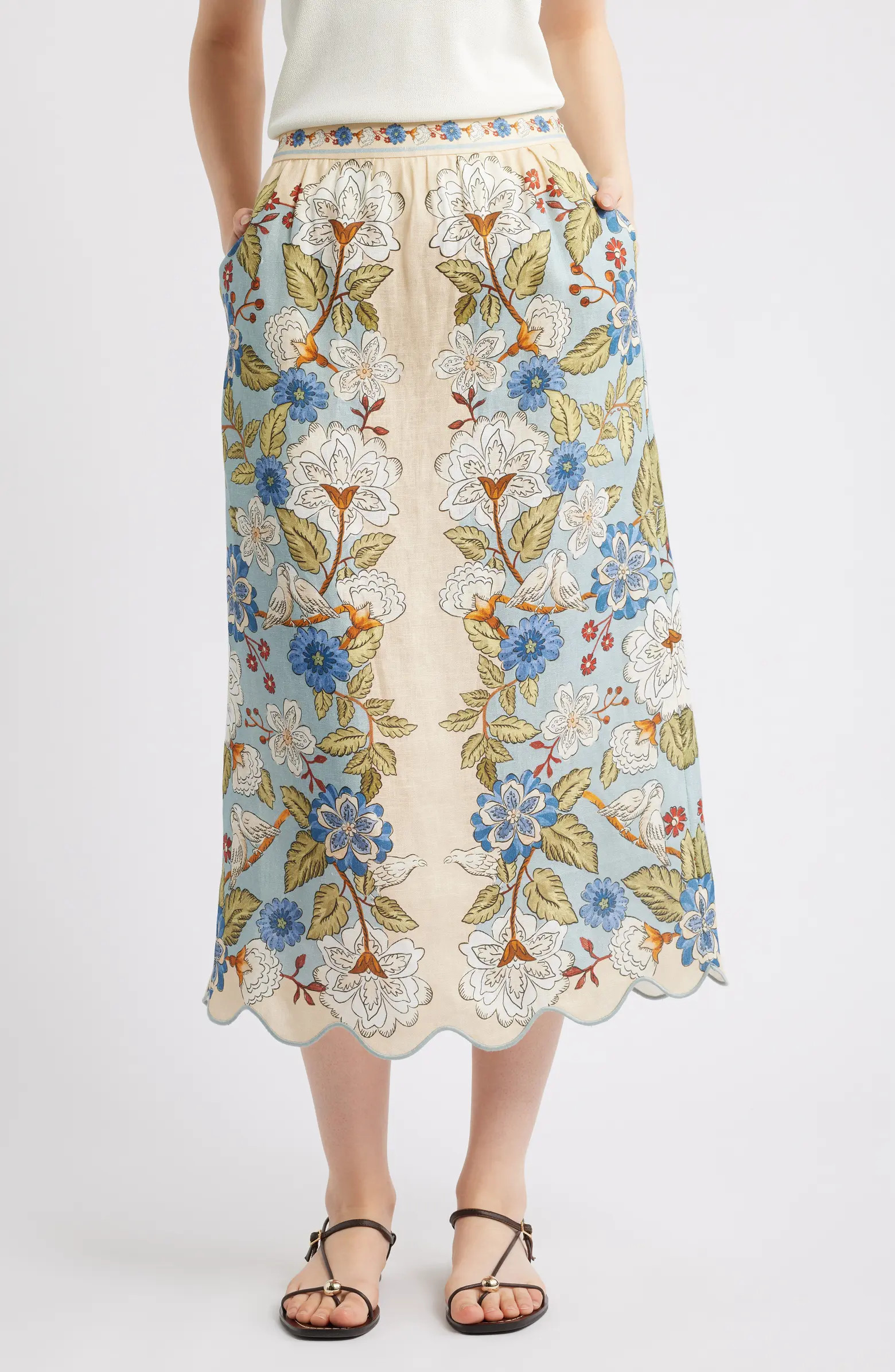Garden Scarf Print Linen Midi Skirt | Nordstrom