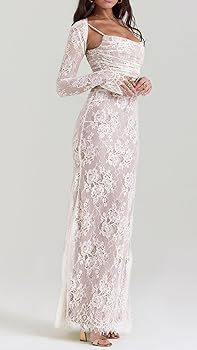 Women Vintage Cream Lace Maxi Dress Romantic Long Sleevees Lace Bodycon Dress | Amazon (US)